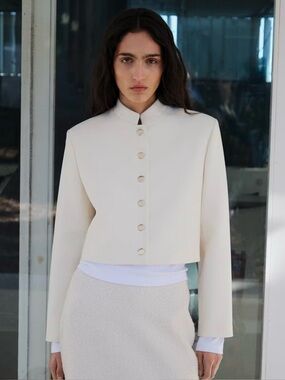 Mango Cream Cropped Stand-Collar Jacket with Silver Snaps